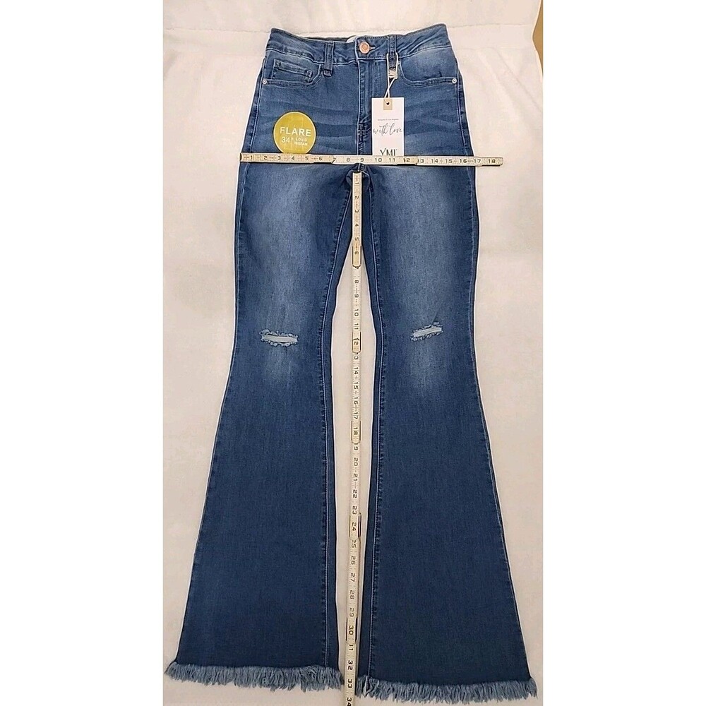 Pants YMI Women's Sz 3 Wash Stretch Flare Raw Hem Whiskers Denim Jeans  26"x34"
